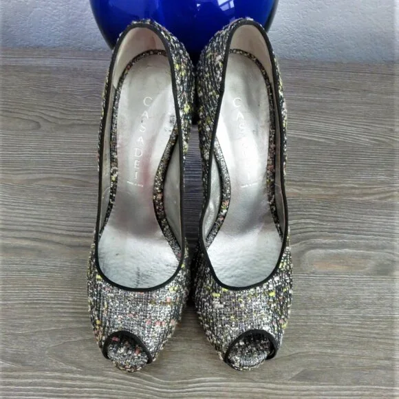 Near New Casadei Stiletto High Heels Peep Toe 9 Black Silver - Picture 2 of 16